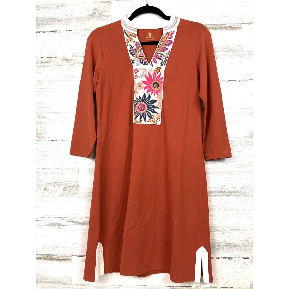 Spartina 449 Womens S Dark Orange Monica Tunic Midi Dress Embroidered Floral